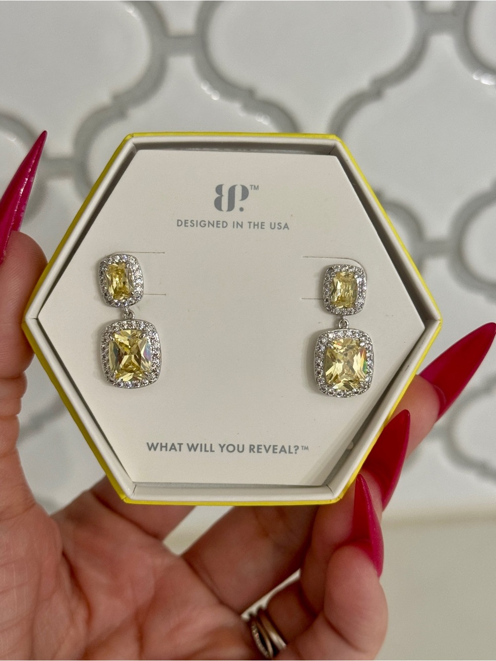 NWT Bomb Party Can't Stop Fate Lemon Cubic Zirconia Drop Earrings Rhodium Plated